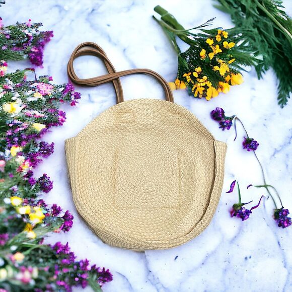 Natural Color Straw Round Double Handle Purse‎ Beach Bag - Picture 1 of 4